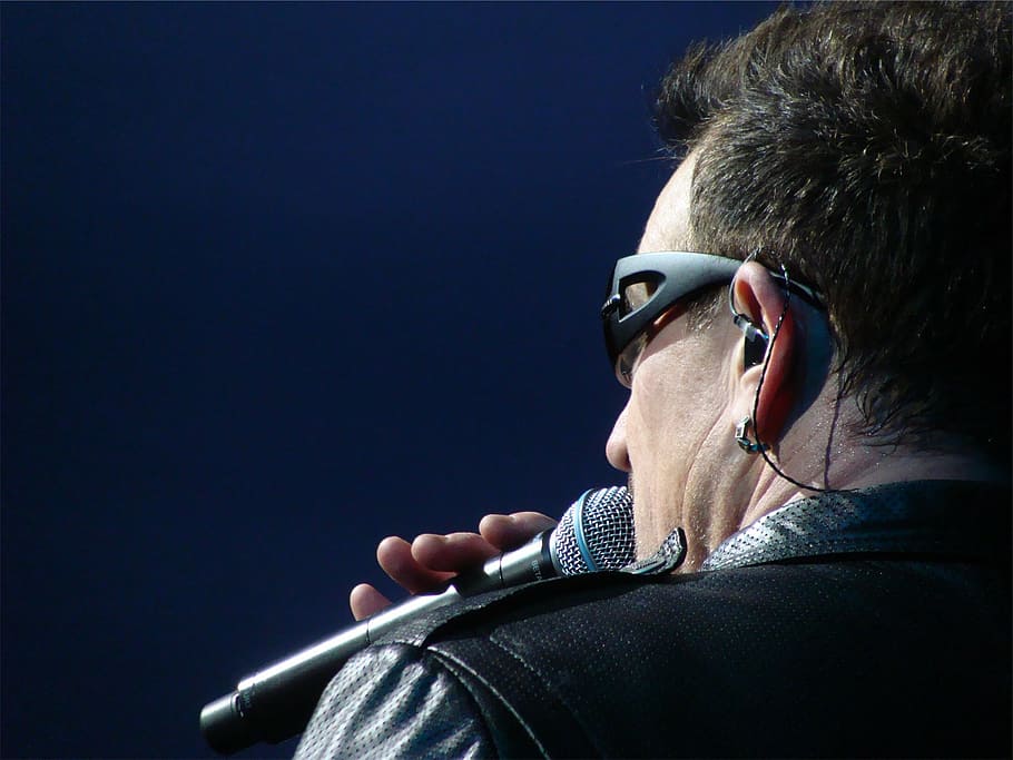 man, holding, black, wireless, microphone, singing, u2, bono, musician, music