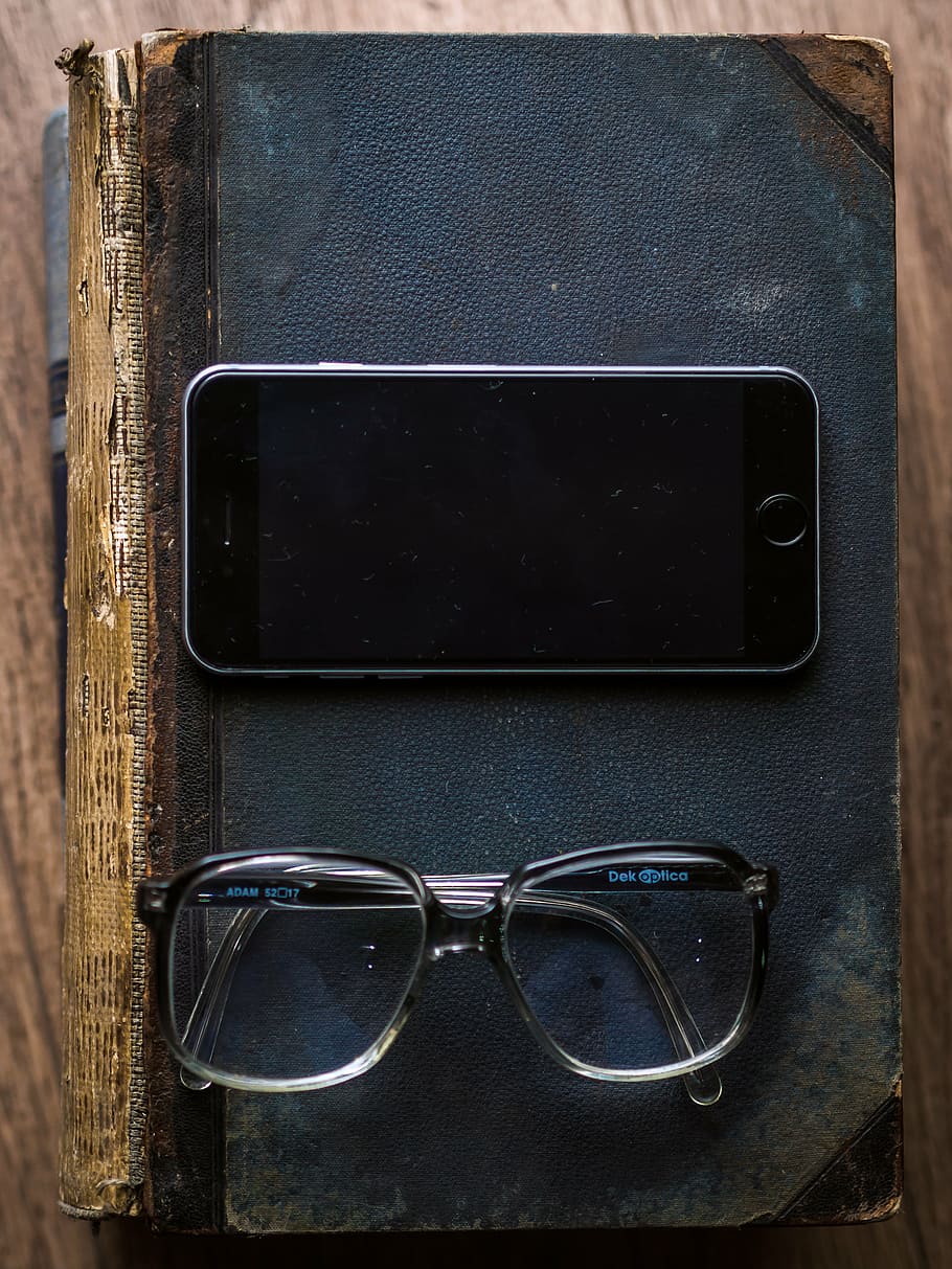 turned, space, gray, iphone 6, eyeglasses, top, black, books, table, phone