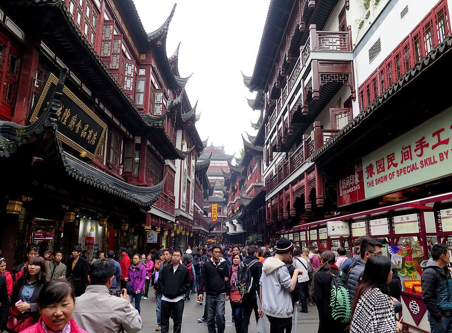 group, people, walking, red-and-white, buildings, daytime, shanghai, old town, renmin road, crowd