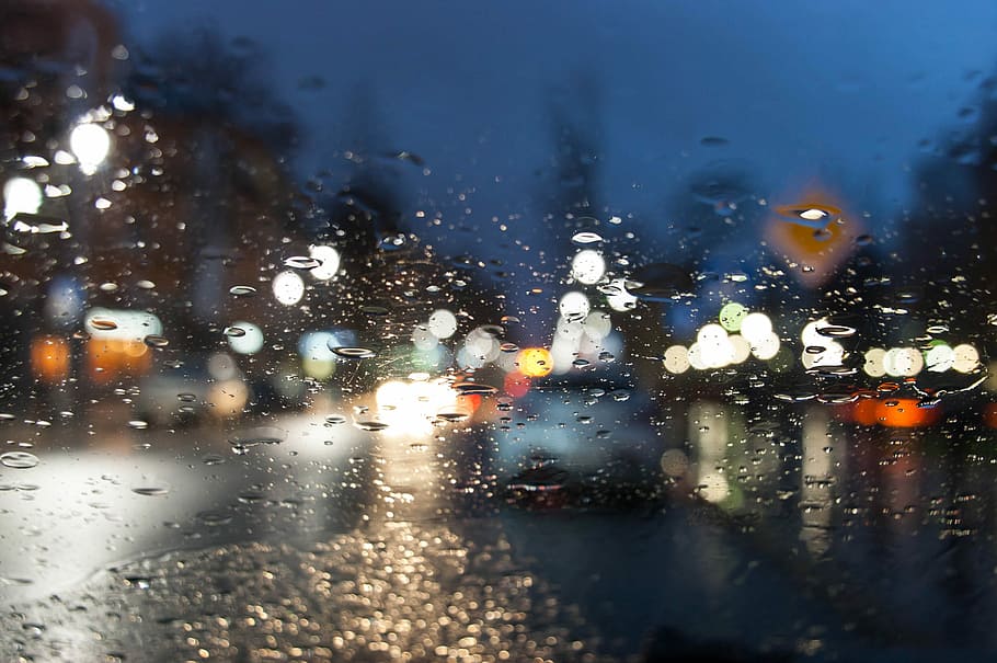 closeup, photography, glass, droplet, water, bokeh light background, rain, drops, car, blur