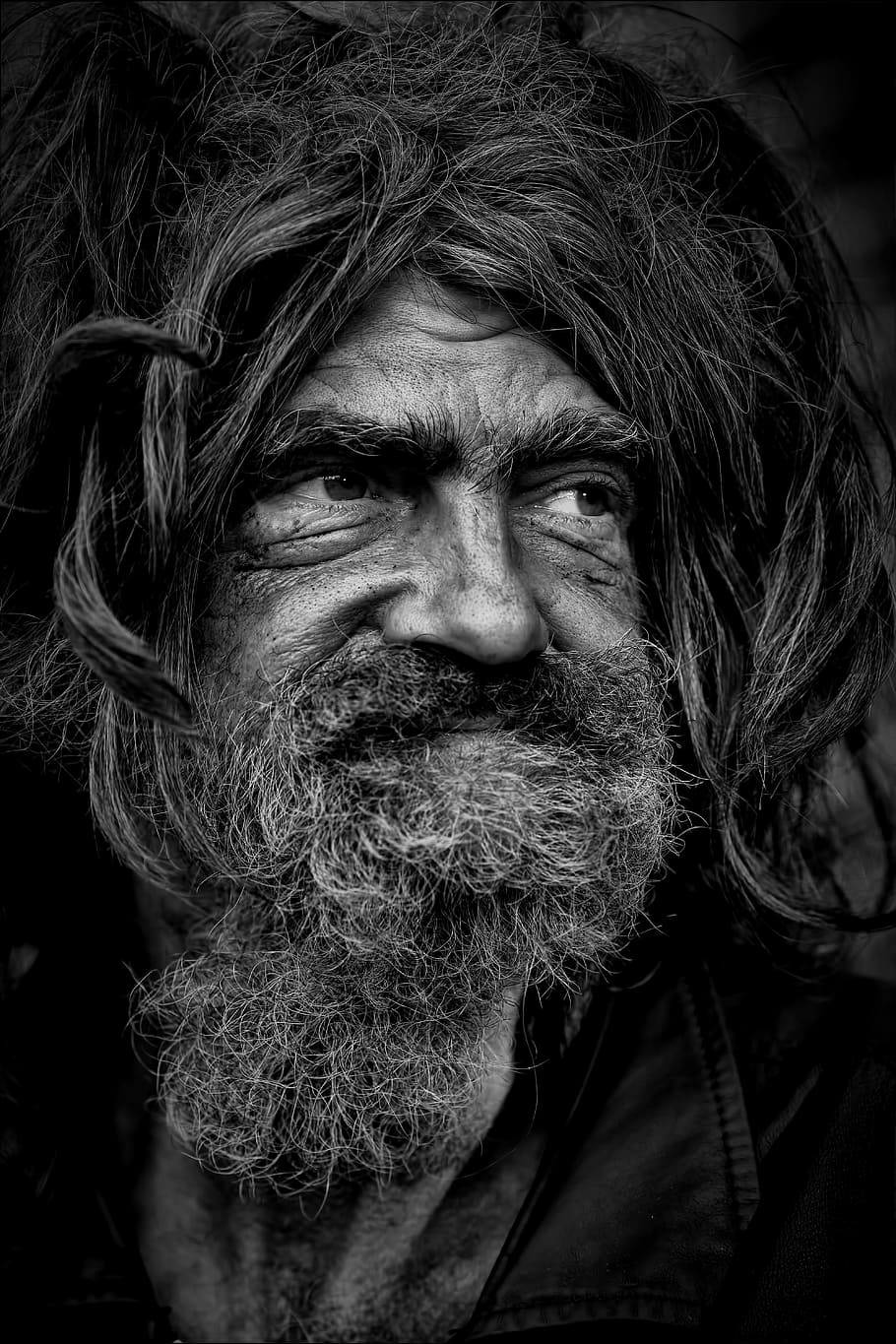bearded, man portrait grayscale photo, people, homeless, m, person, poverty, homelessness, male, homeless man