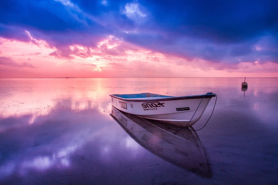 blanco, azul, jon boat, playa, barco, amanecer, anochecer, naturaleza, océano, reflexión