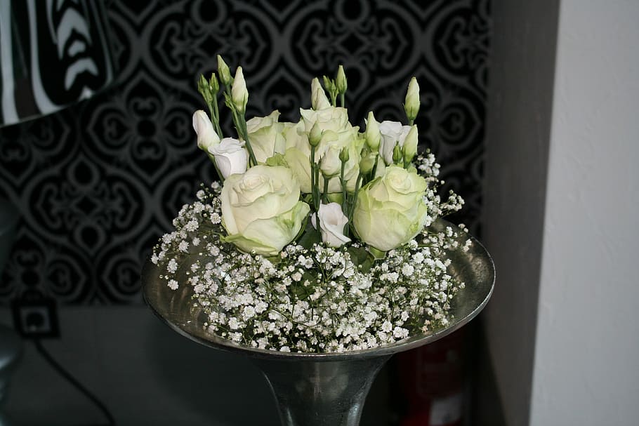 deco, rose, white, silver, wedding, floristry, white rose, flower, way of the roses, flowering plant