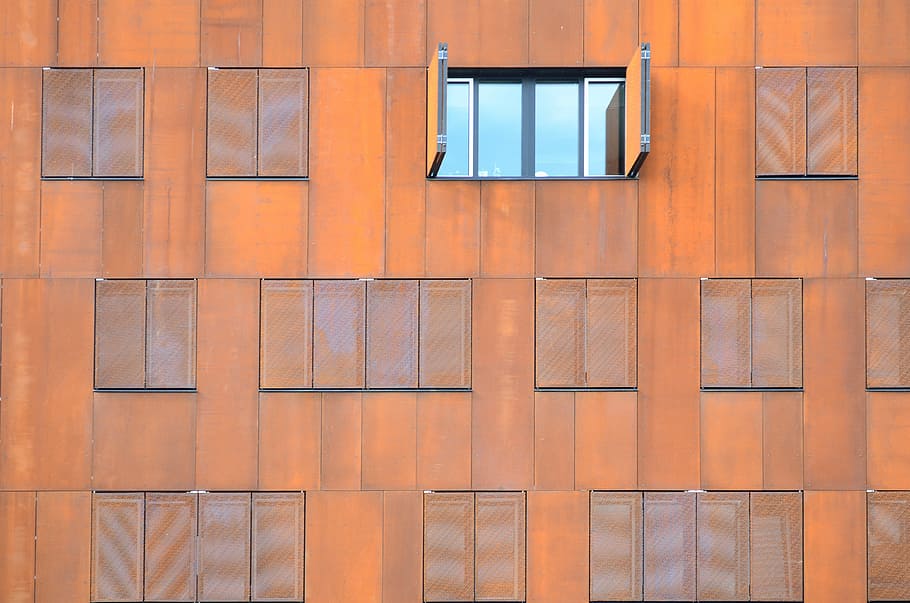 Building, Window, Grid, Facade, the architecture, rusty, orange, open, roller shutter, building exterior