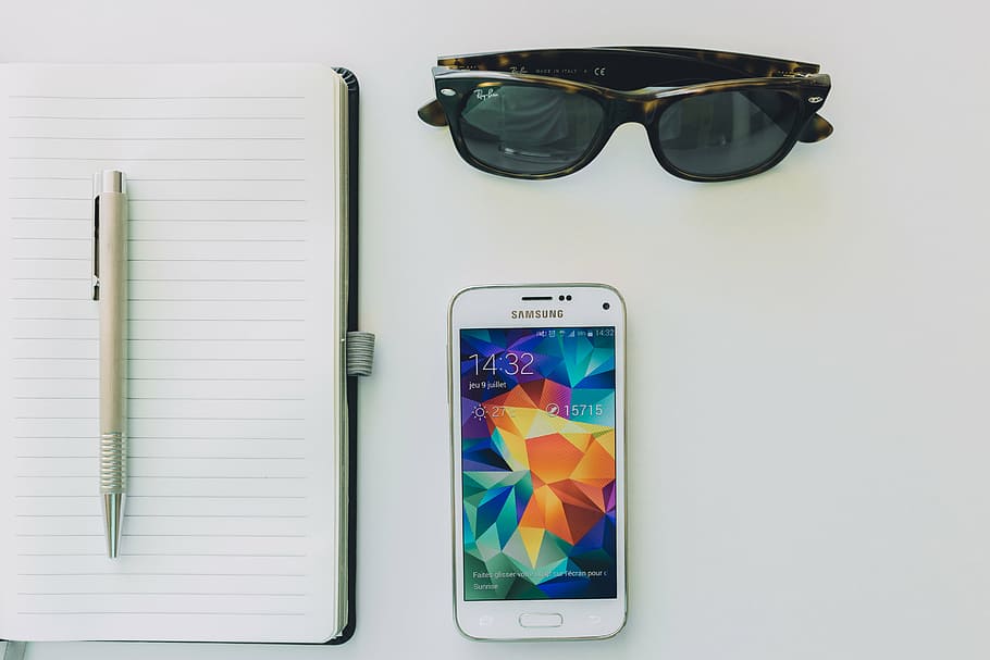 white, samsung android smartphone, lined, paper, click pen, top, samsung, smartphone, mobile, notepad
