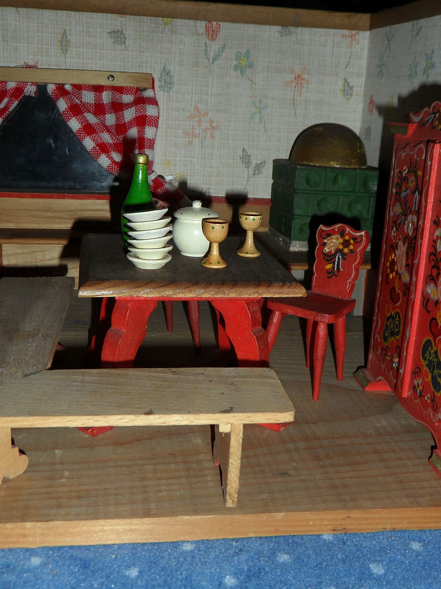 dolls houses, old, furniture, doll's house, play, children, toys, setup, rustic furniture, farmhouse