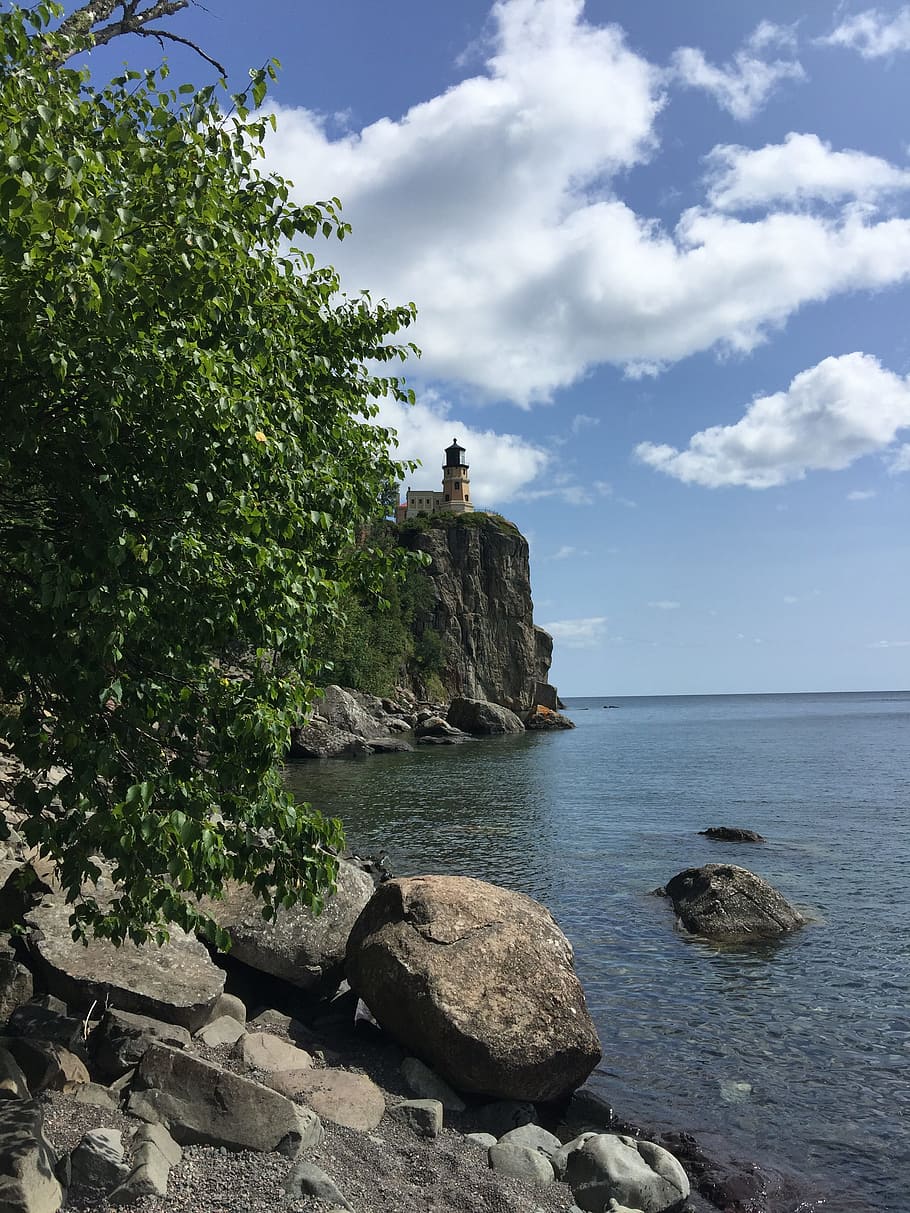 lighthouse, north shore, lake superior, sky, rock, water, rock - object, solid, plant, beauty in nature