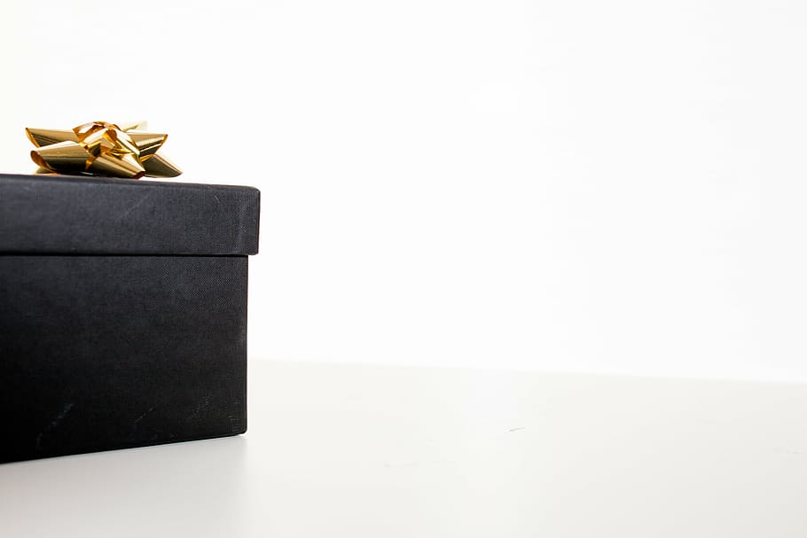 minimalist, photography, black, gold gift box, box, gold, colored, bow, gift, ribbon