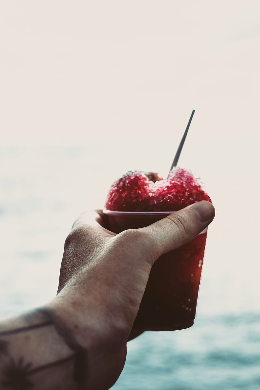 man holding smoothoe, people, hand, art, tattoo, drinks, beverage, red, strawberry, cold