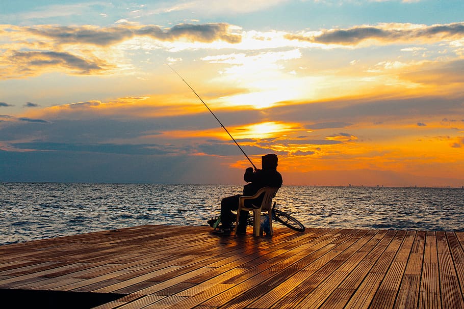 hombre, pesca, puesta de sol, viajar, paisaje, ver, sol, mar, agua, océano