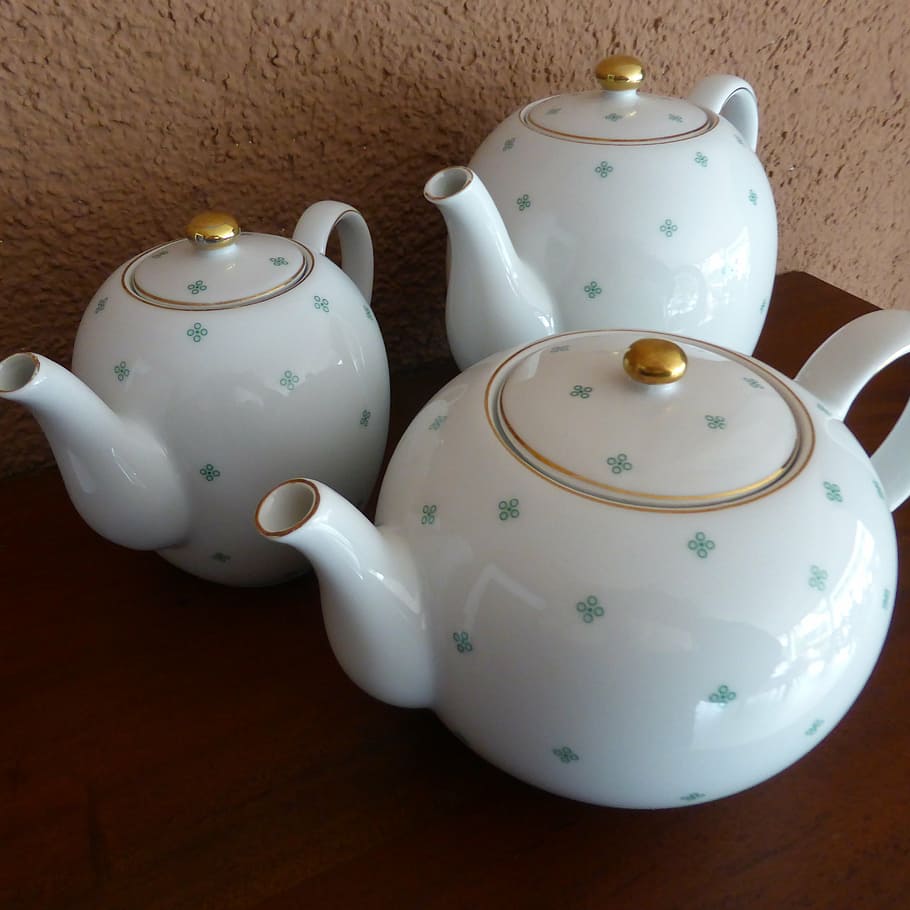 porcelain, tableware, coffee pot, teapot, green, white, gold edge, ceramics, still life, indoors