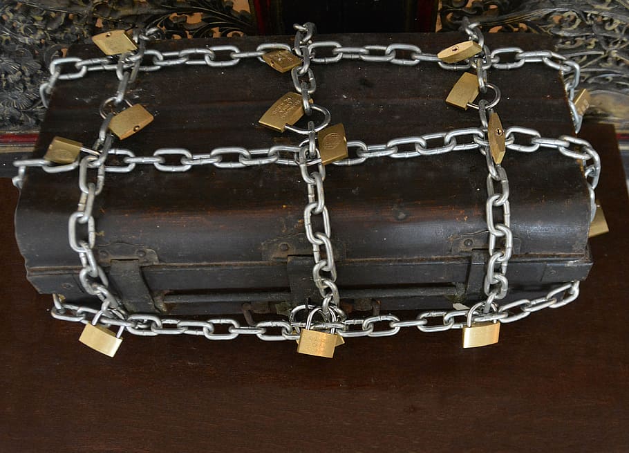 brown chest box, strong box, chains, locks, box, strength, padlock, secure, steel, closed