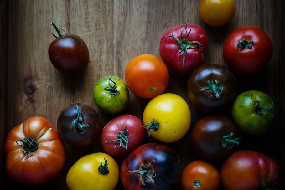 comida, verduras, rondas, tomates, madera, mesa, colorido, saludable, fruta, comida y bebida