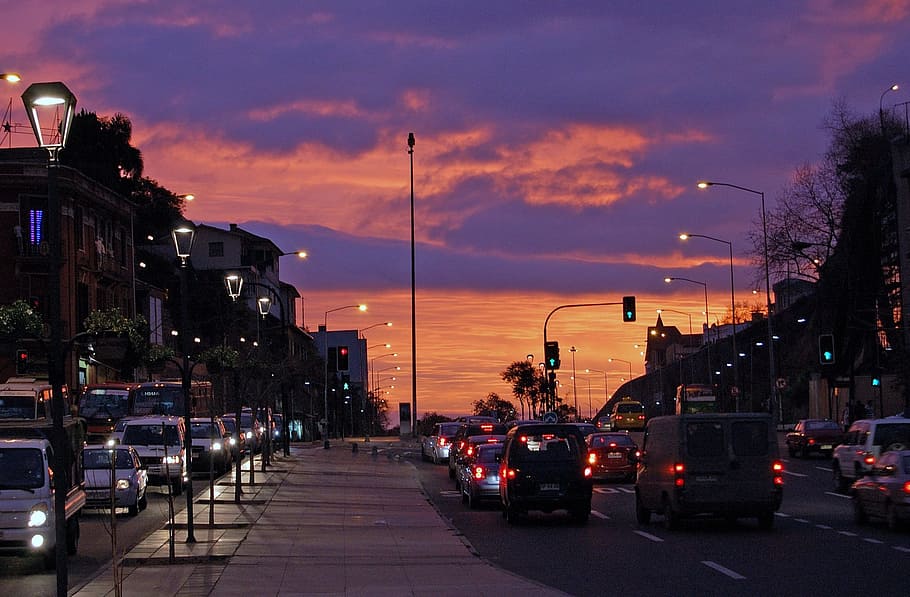 cars, road, viña del mar, chile, sunset, city lights, street, clouds, cities, urban