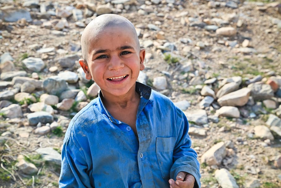 blue, dress shirt, stones, Boy, Poor, Afraid, Person, Child, War, afghani