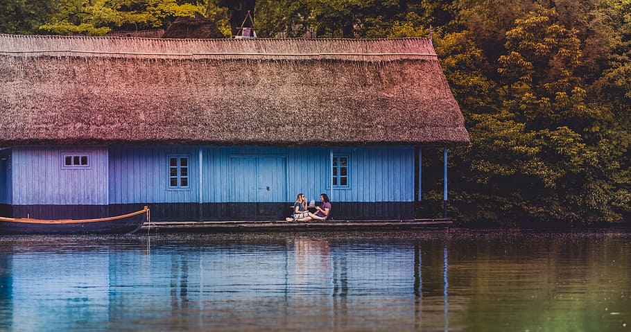 people, sitting, body, water, two, person, house, balcony, lake, nature
