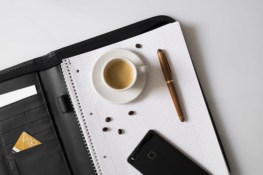 flat, lay, photography, cup, coffee, graphing paper, pen, smartphone, black, leather