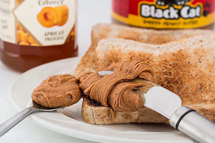 bread, chocolate cream, peanut butter, toast, jam, breakfast, snack, spread, food, healthy