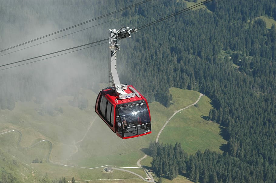 cable car, transport, Cable Car, Transport, hanging, transportation, red, nature, overhead cable car, mountain, mode of transportation