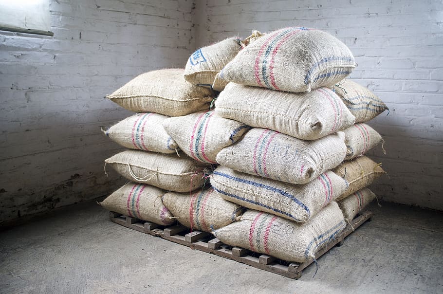brown-and-blue sack lot, coffee, beans, sack, burlap, colombia, bag, coffee bean, fresh, coffee farm
