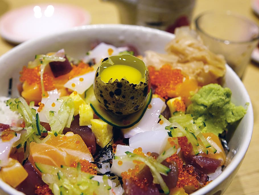 vegetable salad, quail egg, round, white, ceramic, bowl close-up photo, Sashimi, Salmon, Tuna, Fish, Seafood