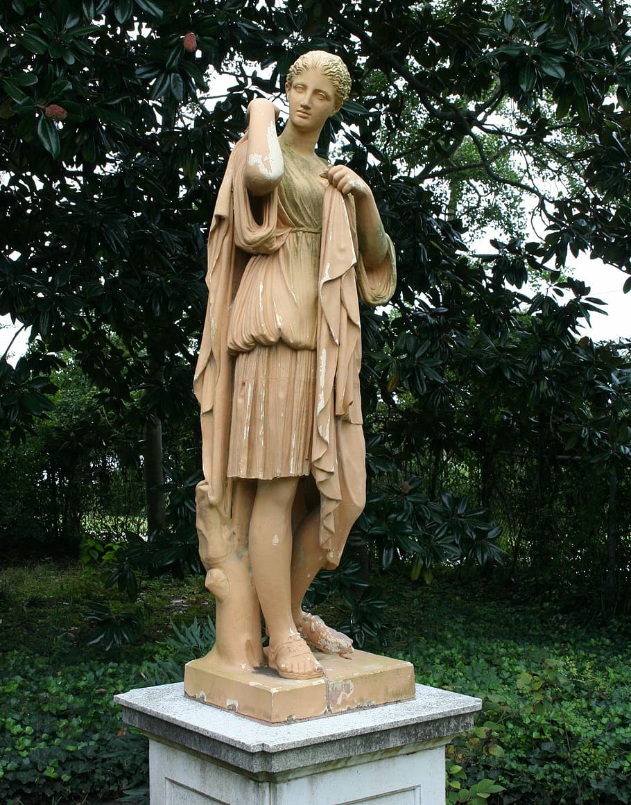 Jardim, estátua, escultura, terracota, estátua do jardim, chiton, mulher, pedra, toga, monumento