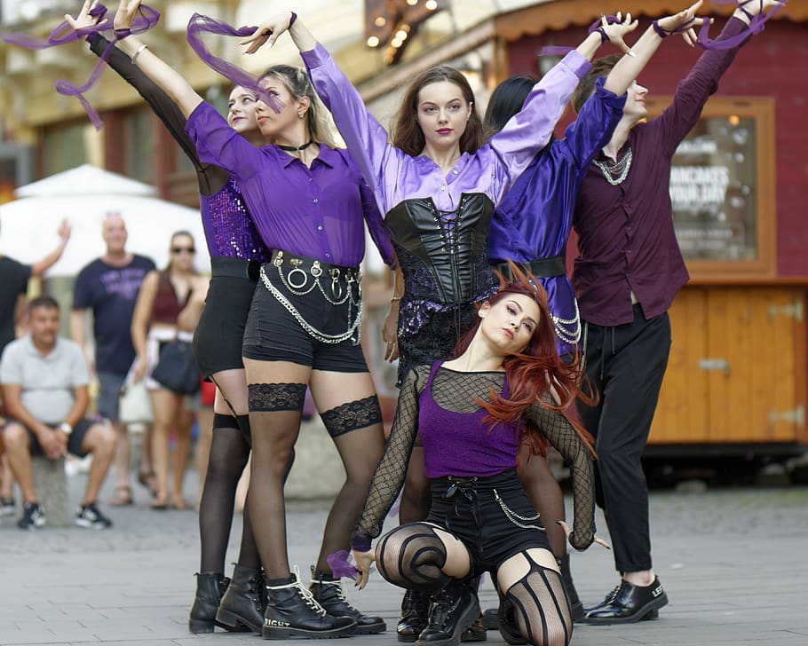 young people, dancers, girls, boy, group, show, street, public, people, attraction