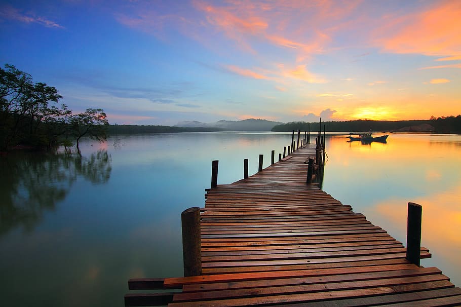 brown, wooden, sea dock, golden, hour, sunrise, superb moment, jetty, water, sky