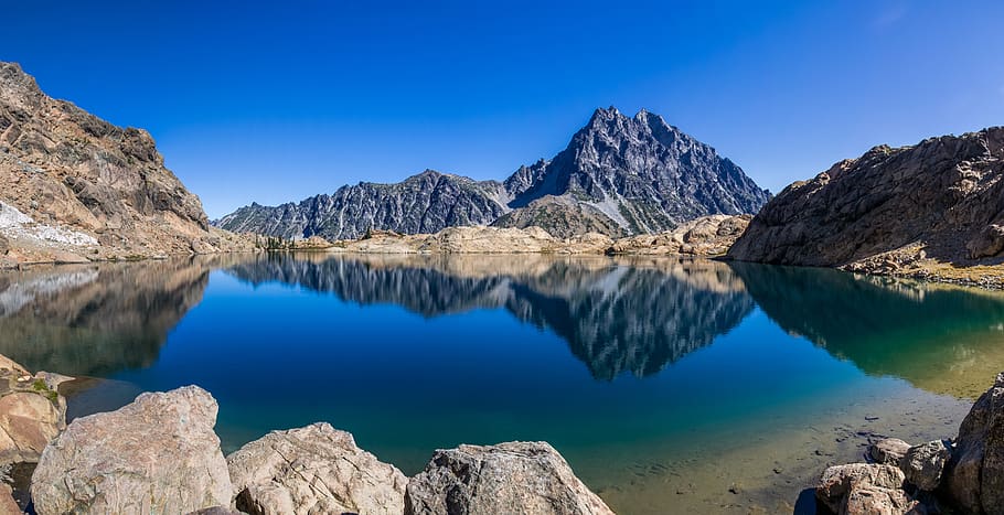 mountain, valley, landscape, nature, blue, sky, lake, water, rocks, scenics - nature