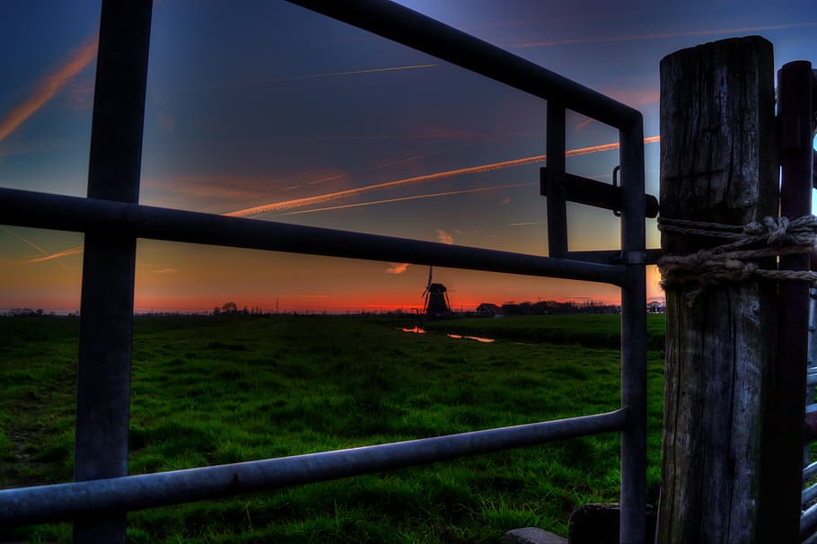 fence, gate, post, fields, rural, country, sky, sunset, nature, built structure