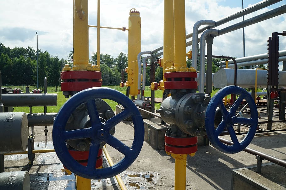 two, blue, gray, metal ball valve equipment, mine, oil, natural gas, metal, nature, industry