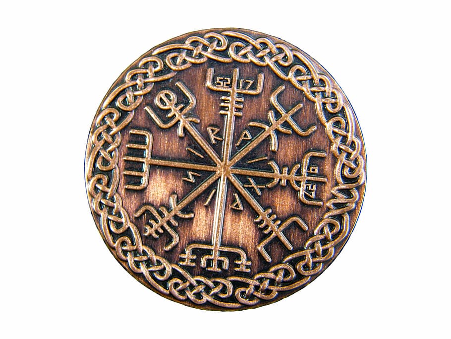 round gold-colored coin, coin, celtic, outdoor, points of the compass, navigation, metal, symbol, isolated, decoration