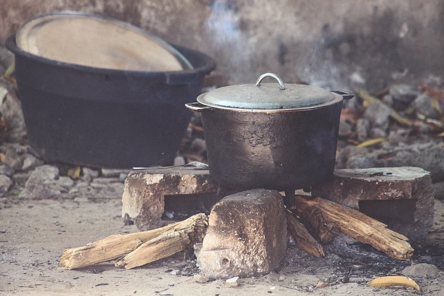gray, cooking pot, black, basin, pots, fire, smoke, firewood, rocks, outdoor