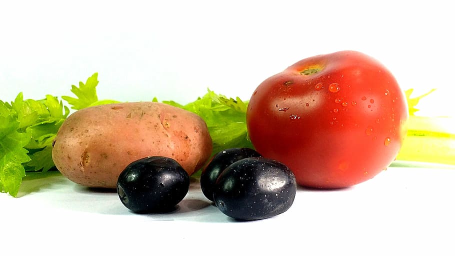 varieties, fruits, vegetables, white, top, tomato, olive, salad, potato, healthy