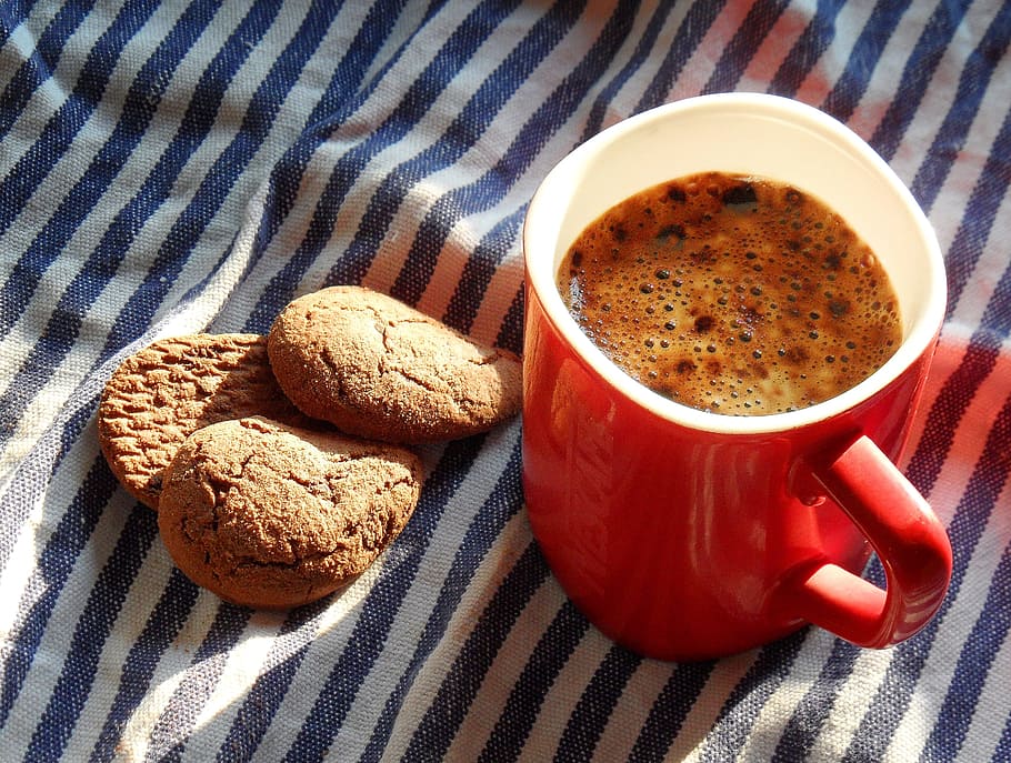 coffee, red, white, ceramic, mug, three, cookies, cup of coffee, biscuits, biscuit