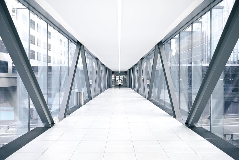 white hallway, corridor, glass, tunel, direction, passage, connection, way, architecture, built structure