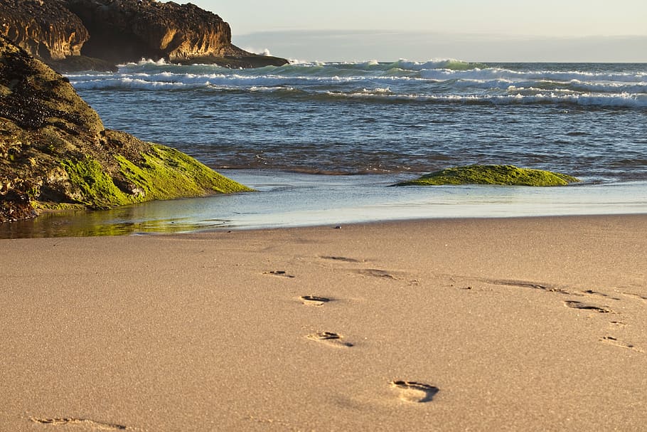white, sand, footprints, portugal, cascais, ocean, sea, nature, coast, summer