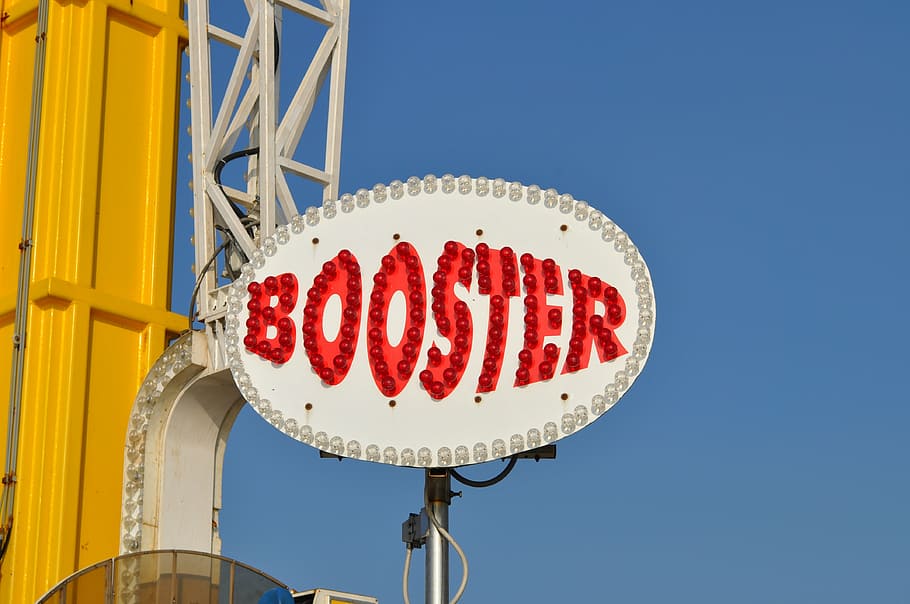 booster, font, amusement park, colorful, lights, roller coaster, metal, red, sky, clear sky