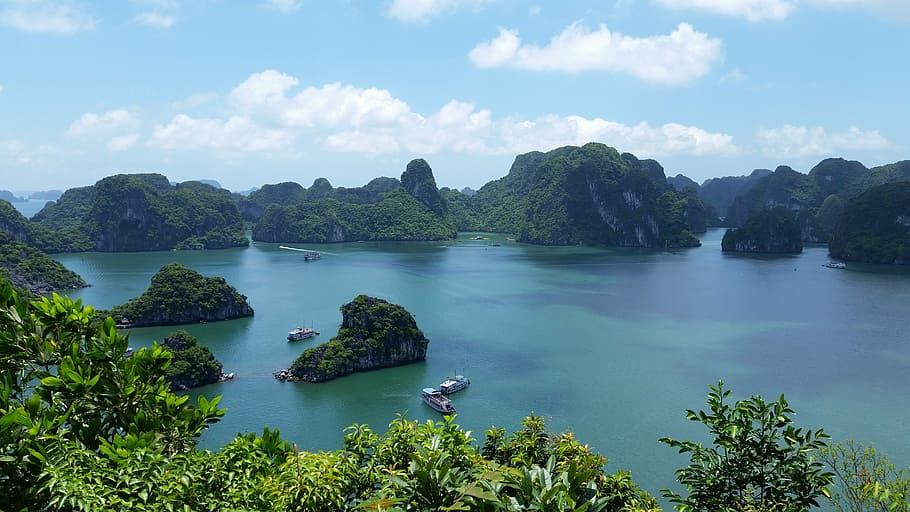 aerial, view photography, body, water, surrounded, trees, daytime, vietnam, halong bay vietnam, nature