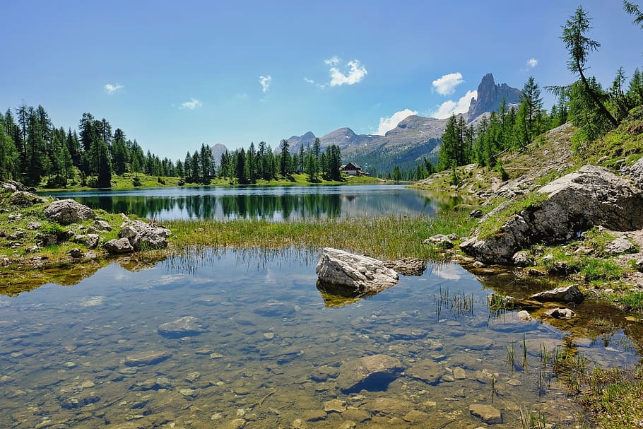 nature, landscape, natural scenery, mountains, lake, bergsee, mountain hut, dolomites, federa lake, water