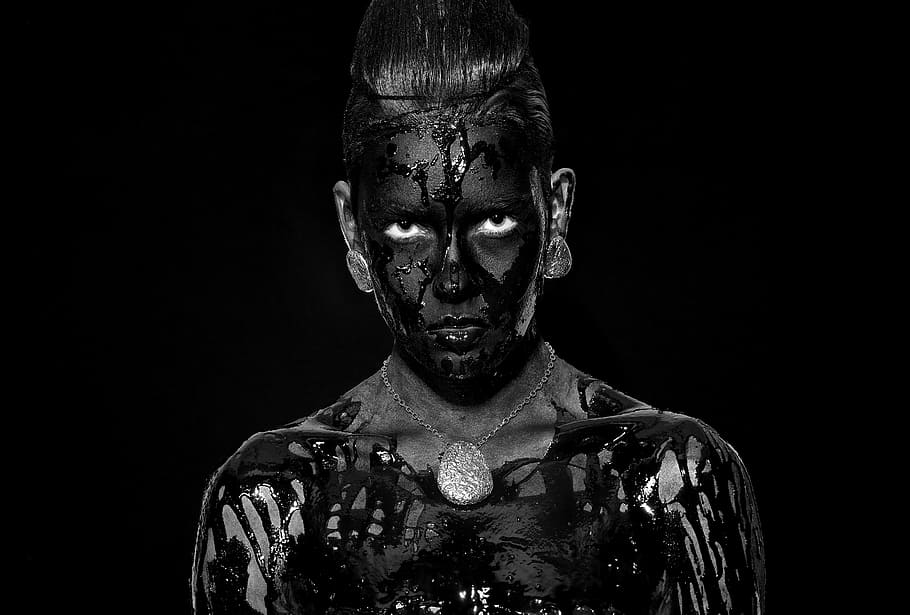 woman, black, body paint, black and white, portrait, women's, jewelry, look, face, human
