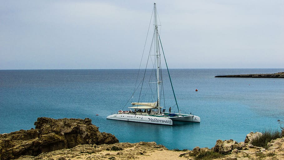 cyprus, cavo greko, sea, boat, catamaran, lagoon, blue, seascape, tourism, leisure