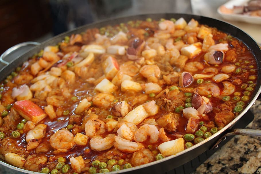 cooked, shrimp, pot, Paella, Spanish, Delicious, food and drink, stew, food, meat
