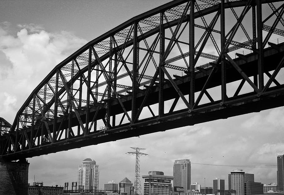 truss bridge, architectural, view, bridge, grayscale, photography, architecture, city, buildings, bridge - man made structure