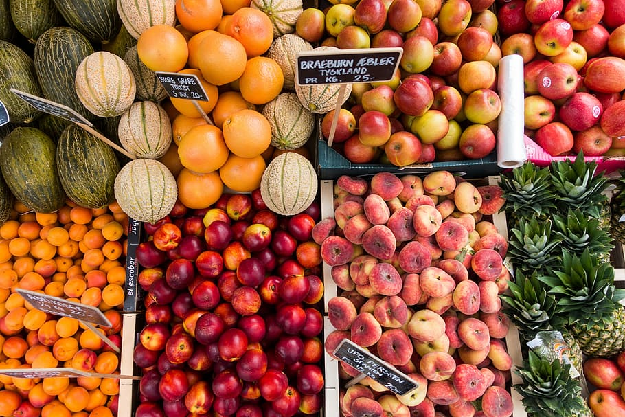 segar, buah, musim panas ii, musim panas, II, warna-warni, pasar petani, bingkai penuh, melon, nektarin