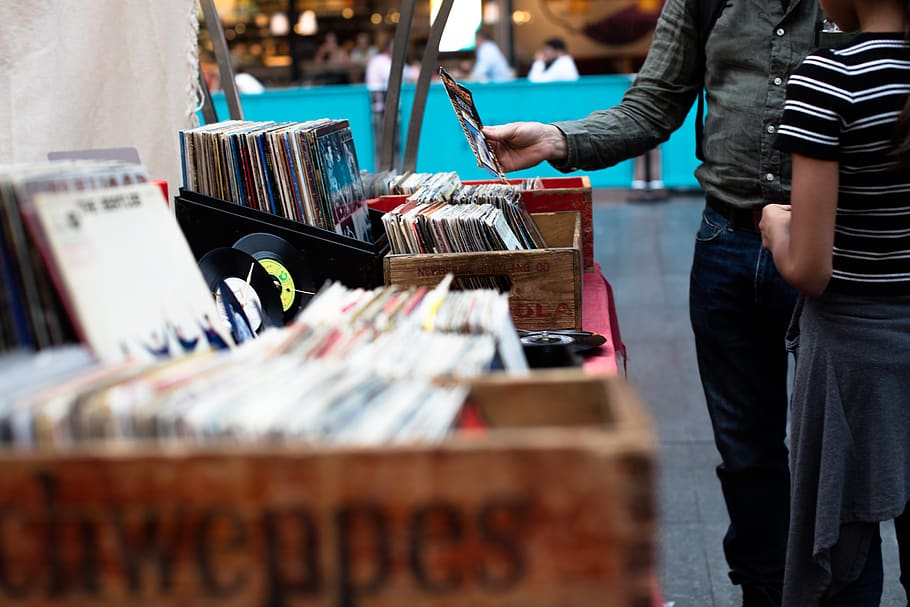 records, albums, vinyl, music, crates, shopping, people, retail, real people, standing