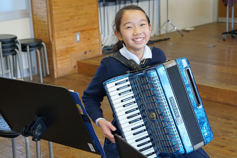 Kids, Music, Accordion, smiling, looking at camera, one person, musical instrument, portrait, happiness, child