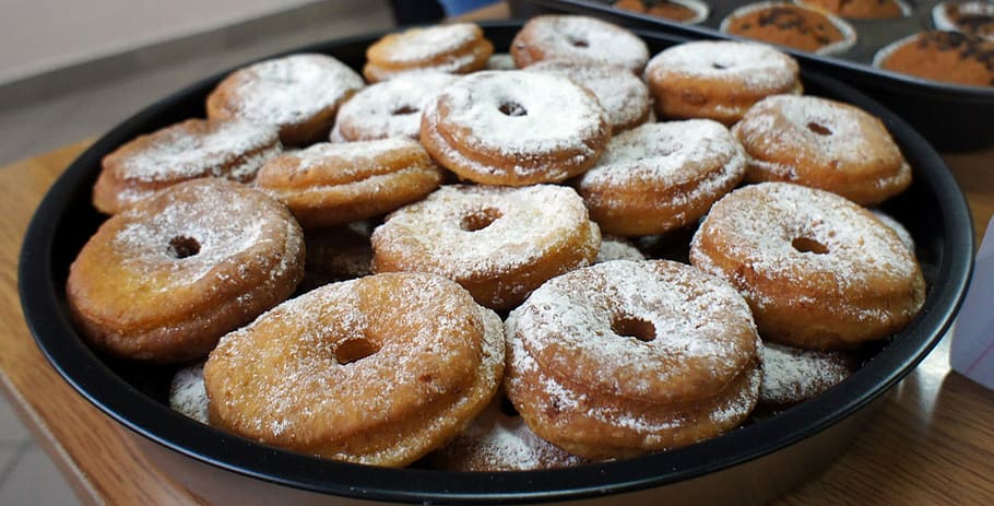 Fat Thursday, Donuts, bud, powdered sugar, food and drink, close-up, freshness, indoors, large group of objects, food
