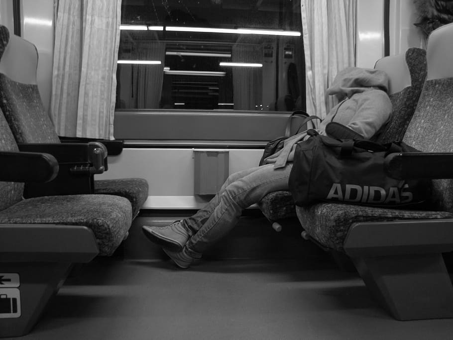 sleep, man, train, calm, rest, seat, sitting, vehicle interior, real people, rail transportation
