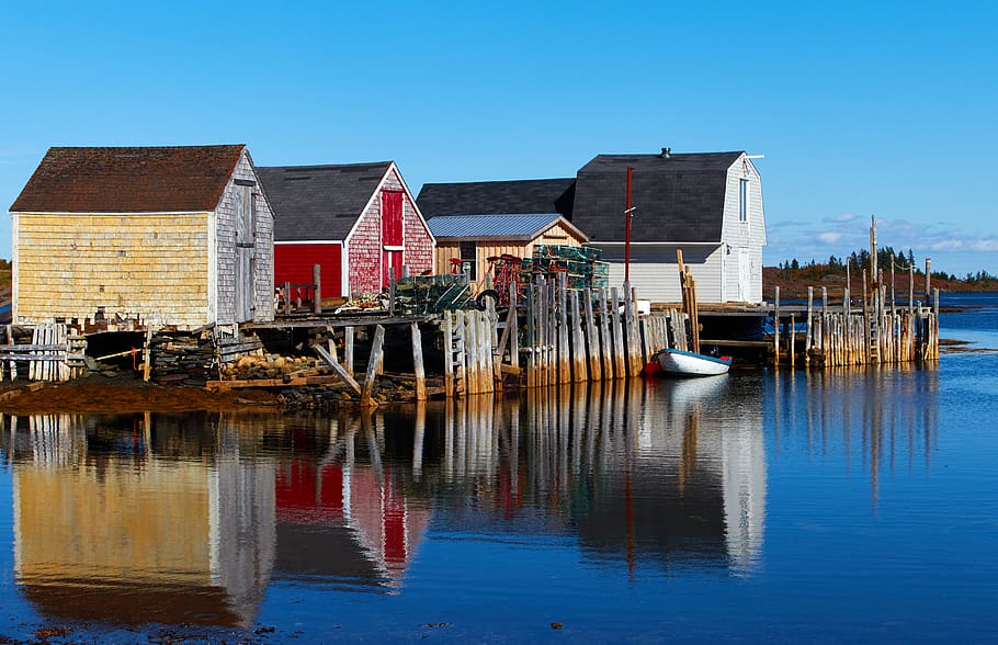 fishing, village, water, cottage, ocean, sea, reflection, barn, weathered, old